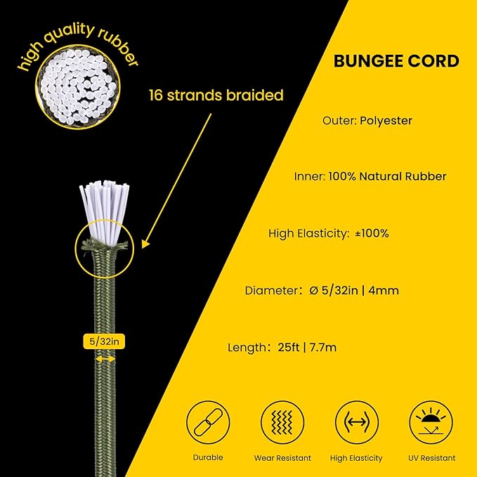 Bungee Cord Elastic Shock Cord 5/32" x 25' Bungee Rope for DIY, Tie Downs, Kayak and Outdoor - Army Green