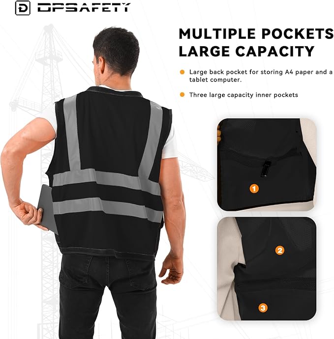 Reflective Safety vest With back plan pocket,High visibility Class 2 Heavy Duty Surveyor Vest with Zipper,Hi Vis Vest ANSI/ISEA Standard, Construction Work Vest for Men＆Women(Black,2XL)