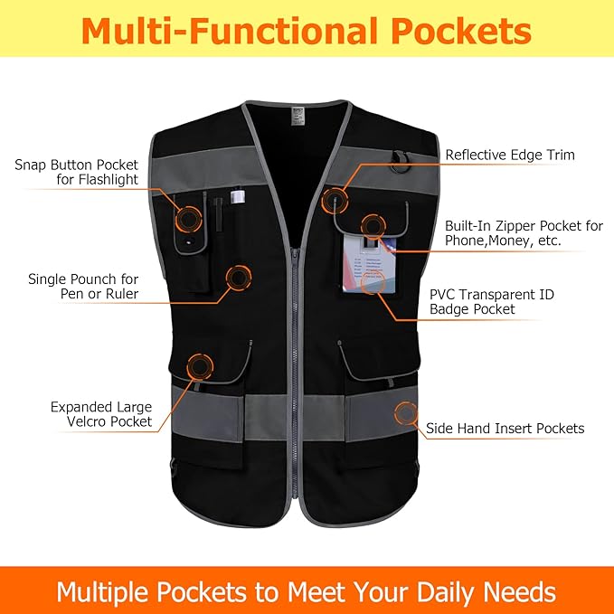 TCCFCCT High Visibility Safety Vest for Men Women 9 Pockets Hi Vis Reflective Vest for Safety, Work Vest with Reflective Strips, Meets ANSI/ISEA Standards, (Black, 4X-Large)