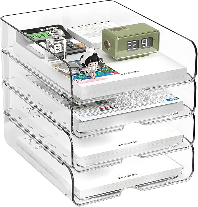 4-Tier Paper Organizer for Desk, Stackable Desk Organizer Paper Tray, Ideal for Office Supplies, A4 Storage (Clear, 4-Tier)