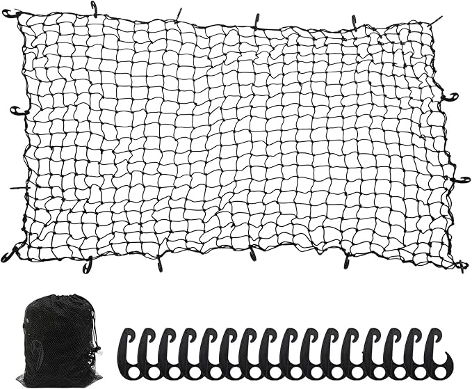 7' x 5' Heavy Duty Bungee Cord Cargo Net Stretches to 14' x 10'-Latex Truck Bed Mesh with 12Pcs Free Adjustable Hooks for Secure Carrying on Roof Luggage Rack,Cargo Carrier and Pickup Truck Bed