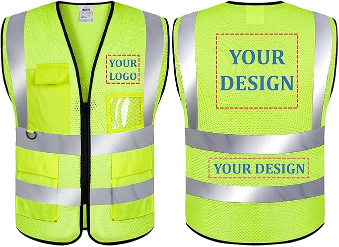 BeautyWill Mesh Safety Vest Custom Logo Class 2 High Visibility Reflective Vest with Pockets Construction Security Work Vest（Yellow，XXL）
