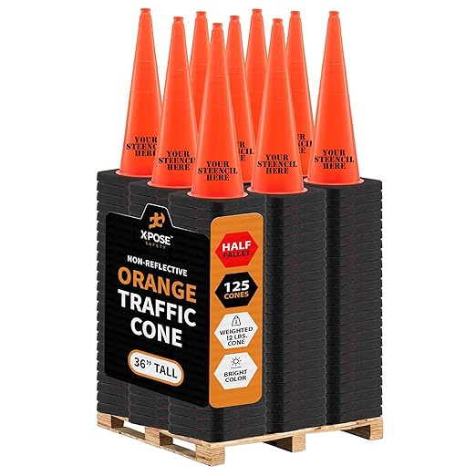 Xpose Safety 36 Inch Orange Traffic Cones Heavy Duty 12lb, Bulk Half Pallet 125-Pack - Multipurpose PVC Plastic Safety Cone for Parking, Soccer, Caution, Kids and Construction - DOT Approved