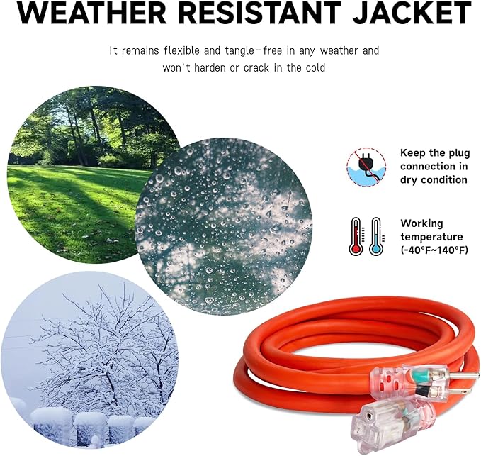 EP 10 Ft Lighted Outdoor Extension Cord - 10/3 SJTW Heavy Duty Orange Extension Cable with 3 Prong Grounded Plug for Safety, ETL Listed
