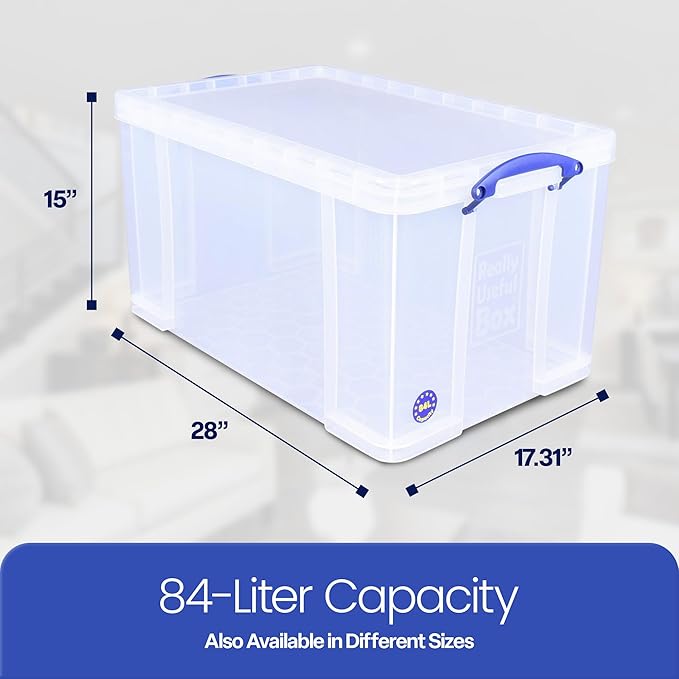 Really Useful Box 84 Liters Storage Container with Snap Lid and Clip Lock Handle for Lidded Home and Item Storage Bins, 2 Pack, Clear