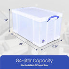 Really Useful Box 84 Liters Storage Container with Snap Lid and Clip Lock Handle for Lidded Home and Item Storage Bins, 4 Pack, Clear