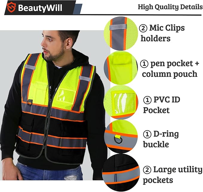 Custom Mesh Safety Vest 5 Pack Customized Logo Class 2 High Visibility Reflective Vest with Pockets Construction workwear （Yellow Black，XXL ）