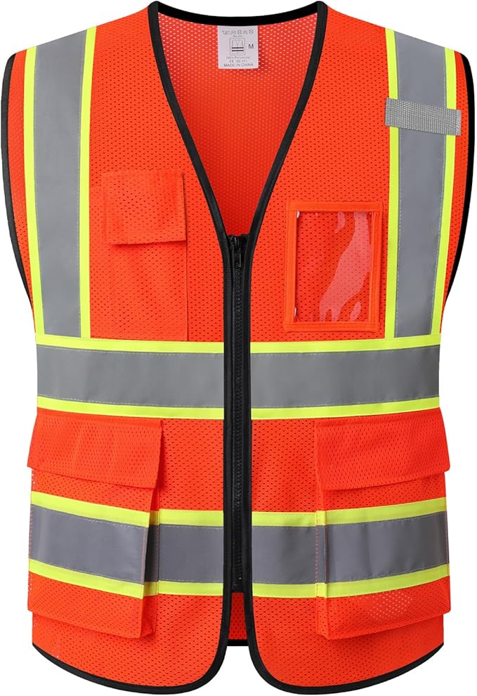 Safety Vest for Men Women Reflective with 5 Pockets and Zipper Front Mesh High Visibility Vest Hi Vis Construction Work Vest,Meets ANSI/ISEA Standards(EK175-Orange-3XL)