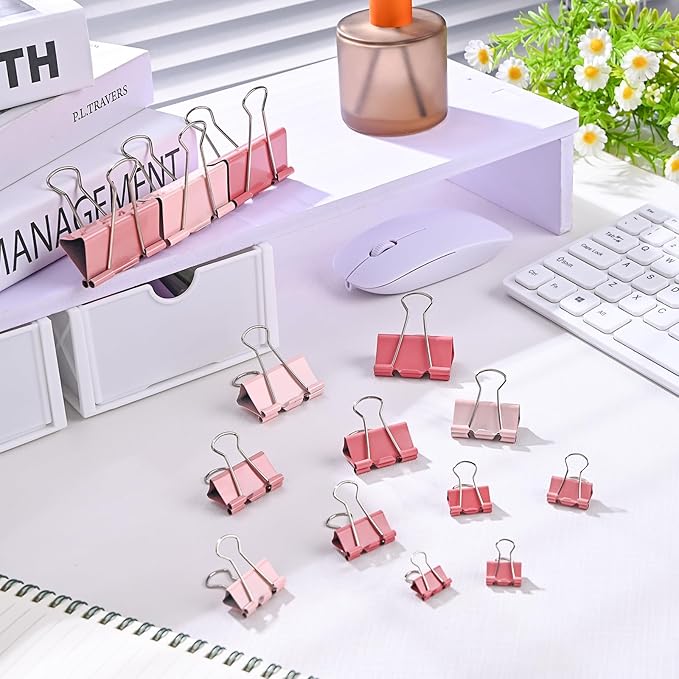 Temiary Aesthetic Binder Clips, 40 Pcs 0.75 Inches Small Metal Binder Clip with Clear Storage Container, Binding Paperwork Clamps for School Teachers Office Supplies (Pink)