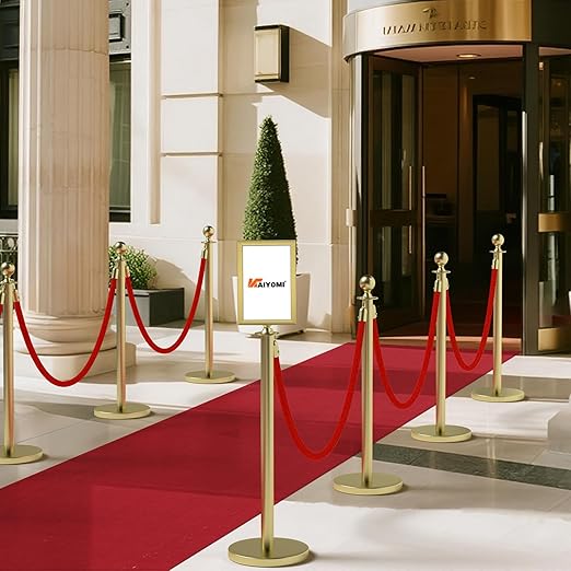 kaiyomi 8Pcs Stanchions Posts Velvet Ropes with Red Carpet and Sign Frame, Water or Sand-Fillable Base, Suitable for 8.5" x 11" A4 Paper Size Sign Frame for Red Carpet Party Decoration (Golden)