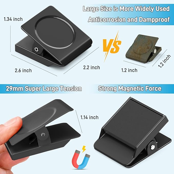 FINDMAG Extra Large Heavy Duty Magnetic Clips - 2.2 Inch, Magnetic Christmas Light Clips Lock Accessories, School Supplies, Strong for Classroom, Refrigerator, Whiteboard, Office (Black, 4 Pack)