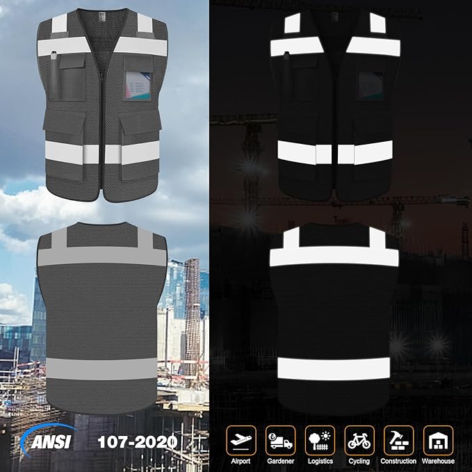 TCCFCCT Mesh Hi Vis Vest 5 Pockets High Visibility Reflective Safety Vest for Men Women, Neon Construction Vest with Horizontal Strip for Walkie-talkie and ID Card, Meets ANSI/ISEA Standards, Grey, 3XL