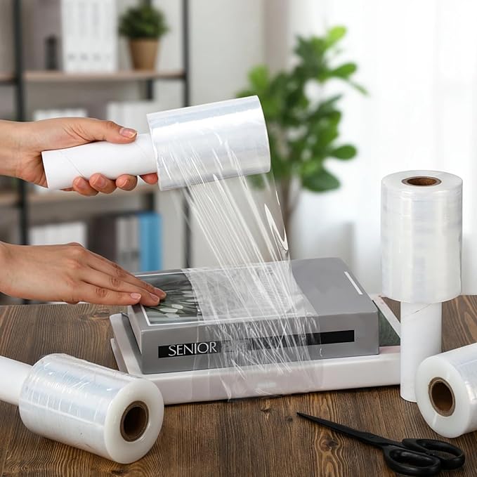 Frienda 12 Pcs 4 Inch Plastic Stretch Wrap Film Roll 500ft Clear Mini Moving Plastic Wrap Roll with Handle 80 Gauge Shrink Wraps Industrial Strength Shrink Film for Moving, Packing, Self Adhering