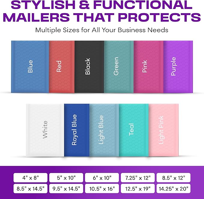 Purple Extra Large Poly Bubble Mailers 14.25x20 inch #7 | Self Seal Large Padded Envelopes | Air Cushioned Bubble Mailer | Usable Size 14.25x19 Lightweight Mailing Shipping Bags| 50 Pack Bulk
