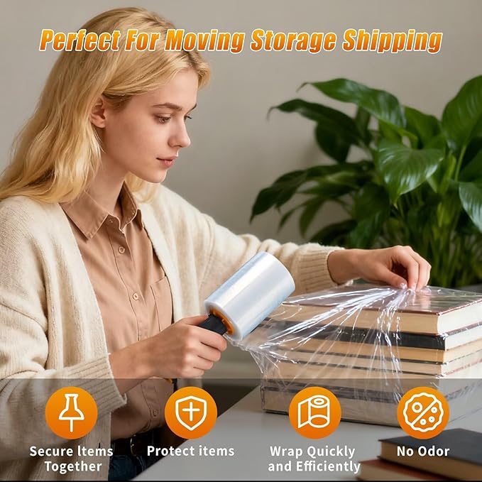 Stretch Film Shrink Wrap for Moving Supplies (5inch, 1 Pack) x 1000ft, Industrial Strength Plastic Wrap Stretch Roll for Pallet Wrapping Shipping Moving Boxes Storage Furniture with Handles, Clear