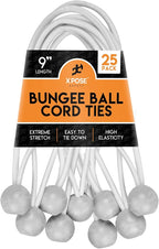 Xpose Safety Bungee Ball Cords 9" 25 Pack Heavy Duty White Stretch Rope with Ball Ties for Canopies, Tarps, Walls, Cable Organization