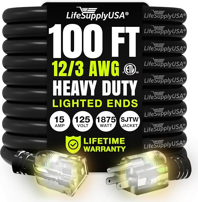 100ft Outdoor/Indoor Extension Cord 12/3 Gauge Extra Heavy Duty 3 Prong SJTW, Waterproof, ETL Listed, Flexible Cold-Resistant Long Power Cord,15A 125V 1875W, Black by LifeSupplyUSA