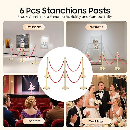 6-Piece Gold Stanchion Posts, Stanchions with Red Velvet Ropes Set & Ball Head with 4 Universal Holes, Stainless Steel Gold Stanchions for Party, Museums, Wedding, Easy Connect Assembly