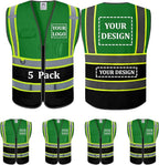 5 Pack Custom Safety Vest Customized Logo Mesh Vest Class 2 High Visibility Reflective Vest with Pockets Workwear（Green Black，L ）