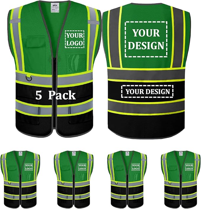 5 Pack Custom Safety Vest Customized Logo Mesh Vest Class 2 High Visibility Reflective Vest with Pockets Workwear（Green Black，XXL ）