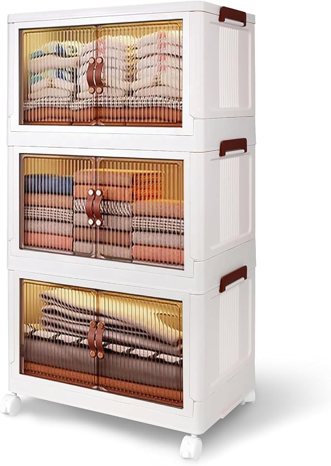 4 Tier Plastic Stackable Storage Bins and Boxes Organizer, Foldable Containers, Stackable Closet Organizers, Collapsible Boxes, White (3 Tier, 23.6″)