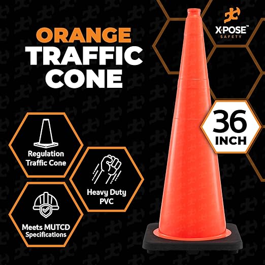 Xpose Safety 28 Inch Orange Traffic Cones Heavy Duty 10lb 6" & 4" Collar - Bulk Half Pallet 125 Pack - Multipurpose PVC Plastic Safety Cone Parking, Soccer, Caution & Construction - DOT Approved