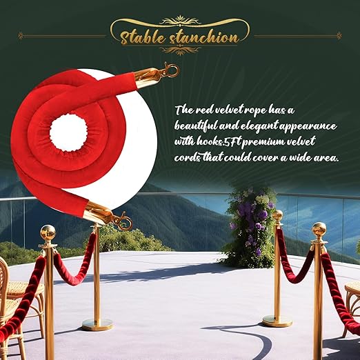 4Pcs Gold Stanchion Post Queue Velvet Ropes and Posts with Soild Base and 3pcs 5 Ft Red Velvet Ropes Carpet Ropes Posts Stanchion Set Crowd Control Barriers for Party Supplies