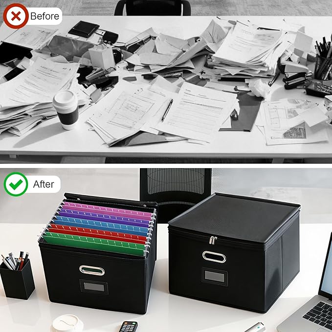 8 Pack Large File Organizer Boxes with Lids, Document Organizer Box with Mesh Pockets & Zippers for Letter/Legal Size Folders, Collapsible File Storage Box (Black, Without Folders)