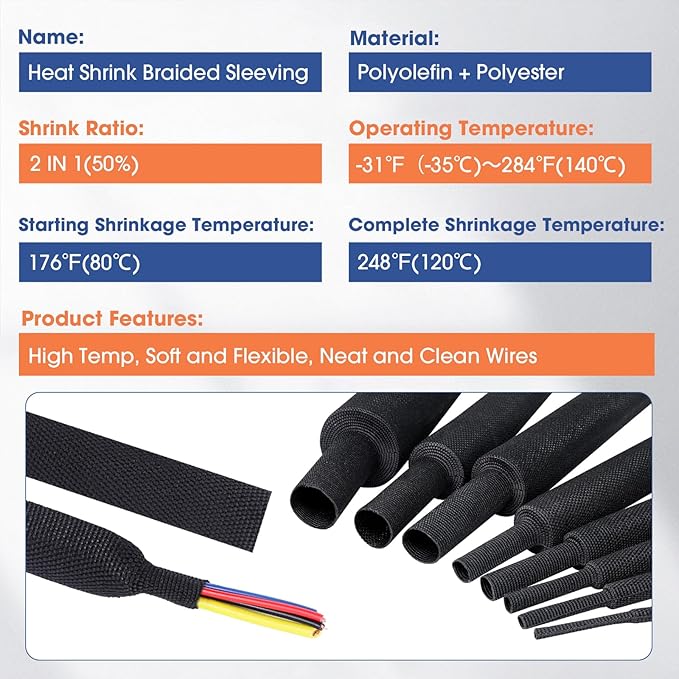 2:1 Heat shrinkable Braided Sleeving Fabric Wire Loom High Temp Heat Shrink Wiring Harness Abrasion Protector Cable Sleeve (3/8"-27ft)