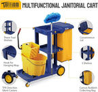 TUFFIOM Commercial Traditional Cleaning 3-Shelf Janitorial Cart, 500 Lbs Capacity Housekeeping Cart, Wheeled with Yellow VinylBag and Cover w Lid, Blue