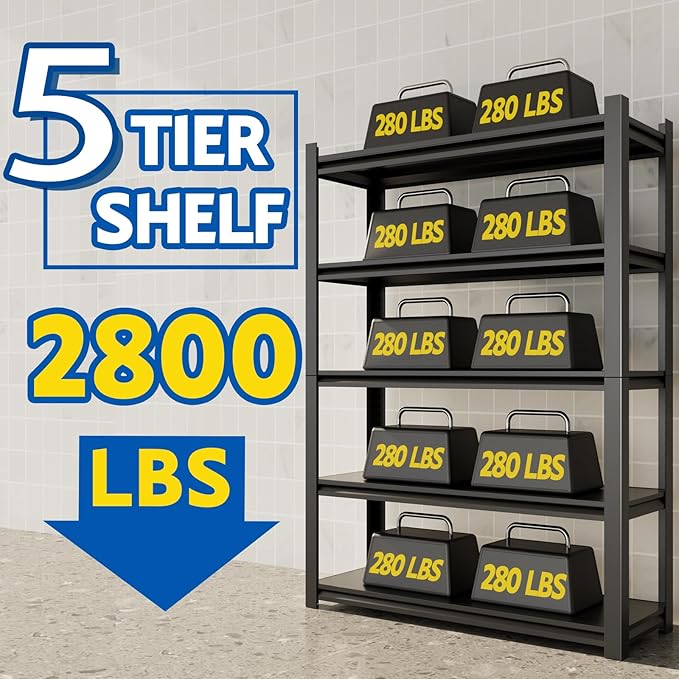 72''H Garage Shelving Heavy Duty, 2800LBS Storage Shelves, 5-Tier Adjustable Metal Shelve Storage Shelf Rack, Industrial Shelving Unit for Garage, Warehouse, Basement (47" W x 19.7" D x 72" H)