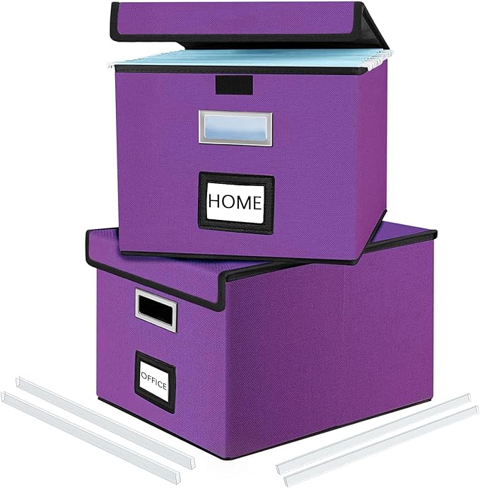 Huolewa Upgraded File Organizer Boxes with Lids, Linen Hanging Filing & Storage Boxes with Plastic Slides for Office/Decor/Hom, Universal Hanging Filing Organization Boxes for Letter/Legal Folder