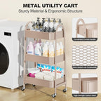 EAGMAK 3 Tier Rolling Cart, Large Metal Storage Cart with Handle and Lockable Wheels, Big Multifunctional Storage Organizer Trolley with Mesh Baskets for Kitchen, Living Room, Office, Garage (Beige)