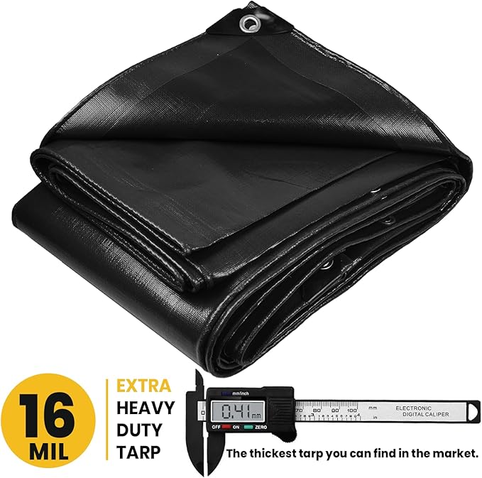 PROTARP Extra Heavy Duty 16 Mil Tarp Cover, Waterproof, UV Resistant, Rip and Tear Proof, Poly Tarpaulin with Reinforced Edges for Roof, Camping, Patio, Pool, Boat. (Black 30′ X 60′)