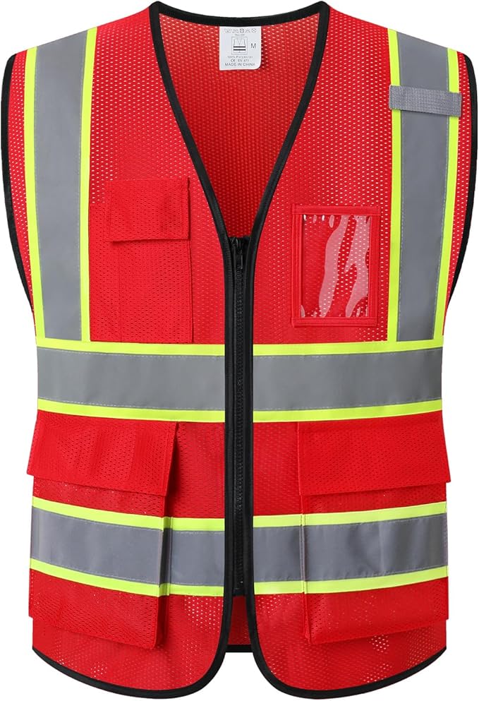 Reflective Mesh Safety Vest for Men Women with 5 Pockets and Zipper Front High Visibility Mesh Vest Hi Vis Construction Work Vest,Meets ANSI/ISEA Standards(EK175-Red-3XL)