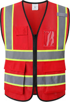 Reflective Mesh Safety Vest for Men Women with 5 Pockets and Zipper Front High Visibility Vest Hi Vis Construction Work Vest,Meets ANSI/ISEA Standards(EK175-Red-2XL)