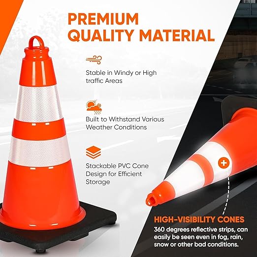 Pyle 18" Traffic Cones 8-Pack, High-Visibility Orange Safety Cones for Parking, Roadwork, Construction and Sports Training, Stackable Design with Heavy-Duty PVC Base, Weather-Resistant