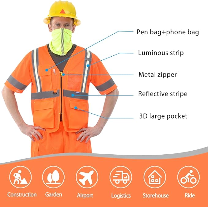 A-SAFETY Class 3 High Visibility Reflective Safety Vest – Orange Mesh, 6XL/7XL/8XL