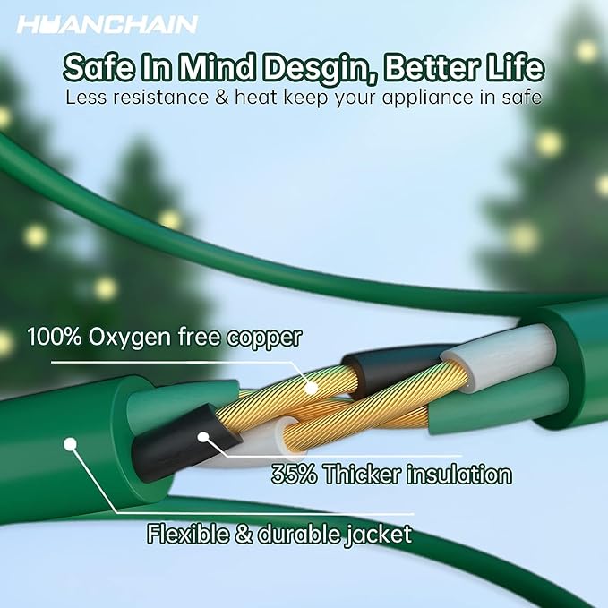 HUANCHAIN Indoor Outdoor Green Extension Cord 10 ft Waterproof, 16/3 Gauge Flexible Cold-Resistant Appliance Extension Cord Outside, 13A 1625W 16AWG SJTW, 3 Prong Electric Cable, ETL
