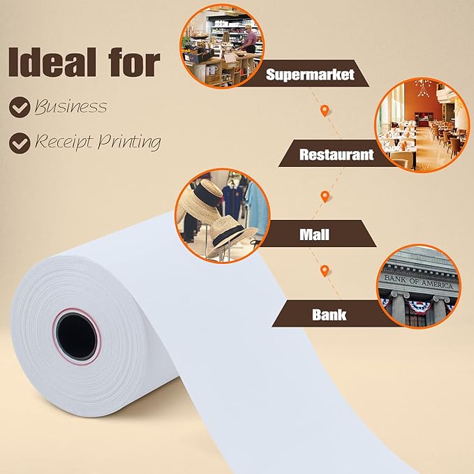 (100 Rolls) 3 1/8" x 119' Thermal Paper, POS Receipt Paper for Retail Business Cash Register, Fits Most Credit Card Terminal