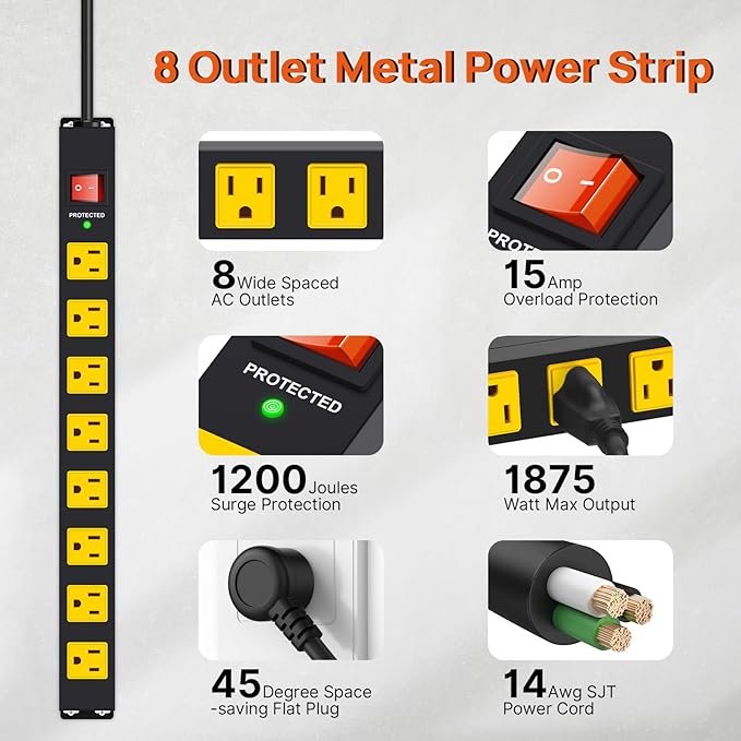 ANNQUAN Metal 8 Outlet Mountable Power Strip with 1200J Surge Protector,Wall Mount Heavy Duty Long Power Strip,Wide Spaced Outlet with Switch,3FT Cord