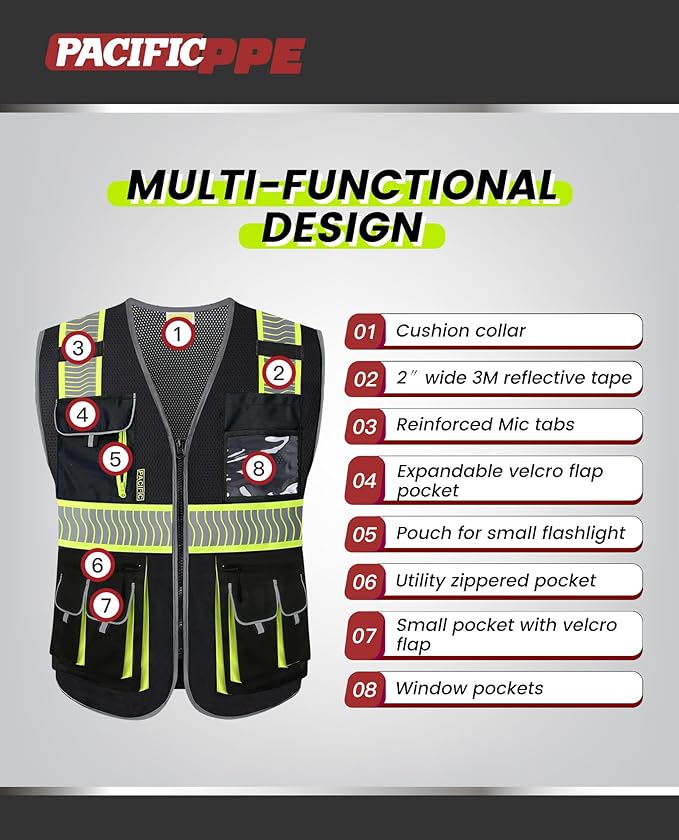PACIFIC 10 Pockets Class 1 Safety Vest for Men, 3M High Visibility Reflective Strips, Meets ANSI/ISEA Standard, Black, Medium