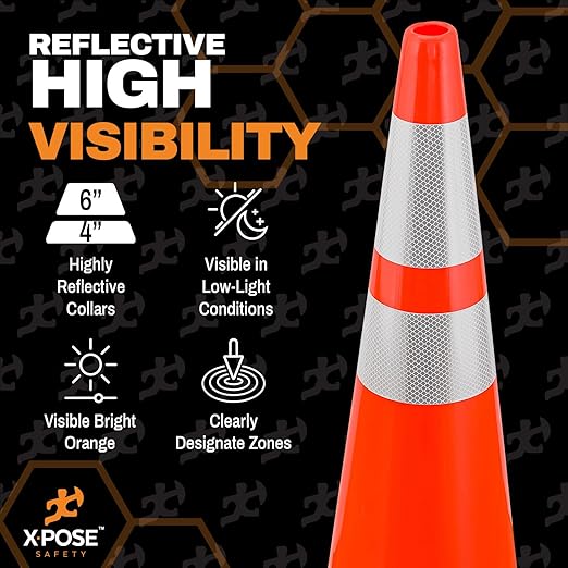 Xpose Safety 36 Inch Orange Traffic Cones with 6" & 4" Collars, 48-Pack - Multipurpose PVC Plastic Safety Cone for Parking, Soccer, Caution, Kids and Construction - DOT Approved