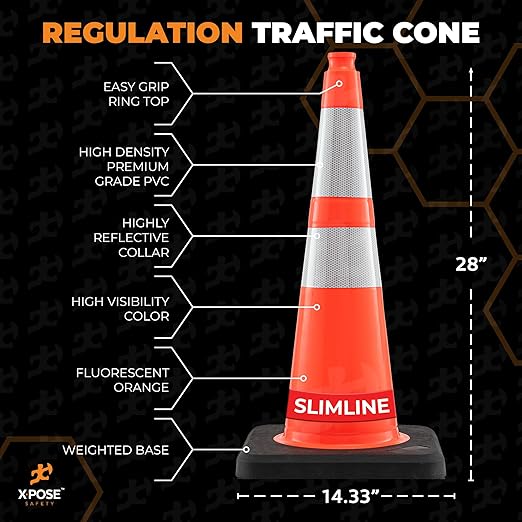 Xpose Safety 28 Inch Orange Slim Line Traffic Cones Heavy Duty 10lb 6" & 4" Collar - Bulk Full Pallet 279 Pack - Multipurpose PVC Plastic Safety Cone Parking, Caution & Construction - DOT Approved