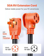 VEVOR 100 FT RV Extension Cord, 50 Amp, 125V 7500W Heavy Duty STW 6/3 + 8/1 Gauge Wire, NEMA 14-50P Male NEMA 14-50R Female Plug, with LED Indicator, Handle, 15A Adapter, for RV Trailer, ETL Listed