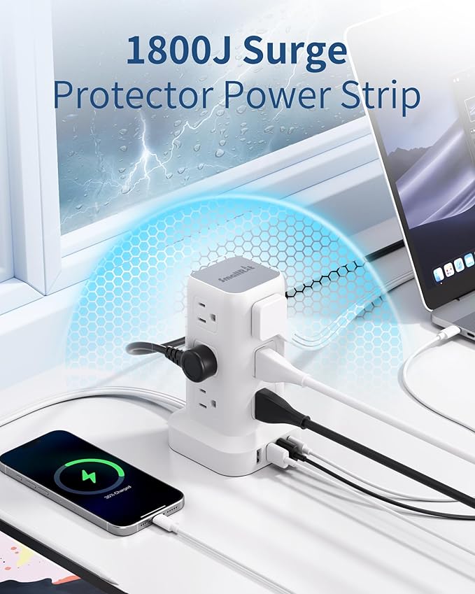 Power Strip Tower, 6.5 Ft Flat Plug Extension Cord, 16 IN 1 Power Bars with Surge Protector, Power Tower Bar with 12 AC Multiple Outlets 4 USB (1 USB C),for Home Office Desk