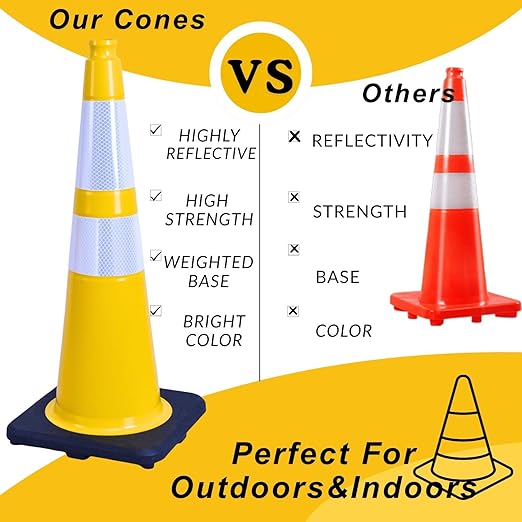 BESEA 4PACK 28” inch Traffic Safety Cones Yellow Road Parking Cones Heavy Duty Construction Cone Structurally Stable for Traffic Control at Public Place