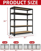 PrimeZone 32" W x 16" D x 63" H Storage Shelves - 3 Pack 5 Tier Adjustable Garage Storage Shelving, Heavy Duty Metal Storage Utility Rack Shelf Unit for Warehouse Pantry Closet Kitchen, Black