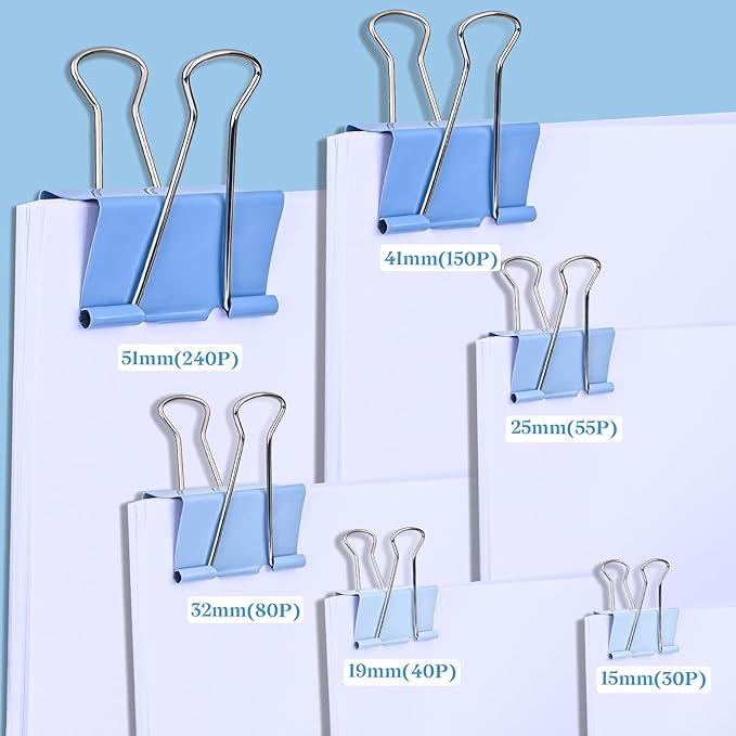 Temiary Aesthetic Binder Clips, 12 Pcs 2 Inches Small Metal Binder Clip with Clear Storage Container, Binding Paperwork Clamps for School Teachers Office Supplies (Blue)