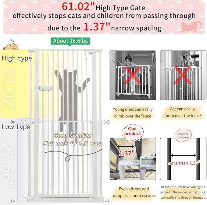 Lumizone Extra Tall Cat Gate 61.02" High Pressure Mounted Extra Wide 2025 New (17 Sizes) 1.37" Gap No Drilling Auto-Close One-Handed Operation Tall Pet Gate for Dogs(White, 61.02" H x 63.39"-67.71" W)